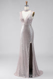 Silver Sequins Mermaid Slit V-Neck Long Formal Dress