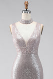 Silver Sequins Mermaid Slit V-Neck Long Formal Dress