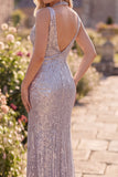 Silver Sequins Mermaid Slit V-Neck Long Formal Dress