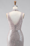 Silver Sequins Mermaid Slit V-Neck Long Formal Dress