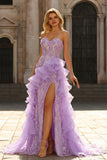 Sparkly Lilac Sweetheart Ruffled Sheath Side Slit Long Prom Dress with 3D Flowers