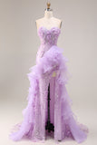 Sparkly Lilac Sweetheart Ruffled Sheath Side Slit Long Prom Dress with 3D Flowers