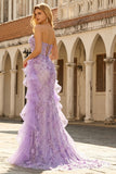 Sparkly Lilac Sweetheart Ruffled Sheath Side Slit Long Prom Dress with 3D Flowers