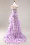 Sparkly Lilac Sweetheart Ruffled Sheath Side Slit Long Prom Dress with 3D Flowers