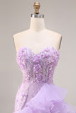 Sparkly Lilac Sweetheart Ruffled Sheath Side Slit Long Prom Dress with 3D Flowers