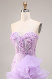 Sparkly Lilac Sweetheart Ruffled Sheath Side Slit Long Prom Dress with 3D Flowers