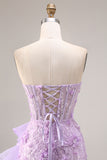 Sparkly Lilac Sweetheart Ruffled Sheath Side Slit Long Prom Dress with 3D Flowers