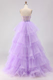 Princess Strapless Purple Corset Pearls Long Prom Dress with Ruffles