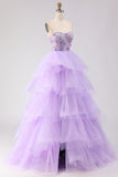 Princess Strapless Purple Corset Pearls Long Prom Dress with Ruffles