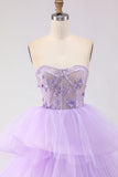 Princess Strapless Purple Corset Pearls Long Prom Dress with Ruffles