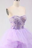Princess Strapless Purple Corset Pearls Long Prom Dress with Ruffles