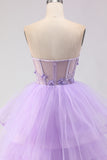 Princess Strapless Purple Corset Pearls Long Prom Dress with Ruffles