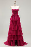 Fuchsia Strapless A Line Appliqued Corset Tiered Ruffle Long Prom Dress with Slit