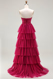 Fuchsia Strapless A Line Appliqued Corset Tiered Ruffle Long Prom Dress with Slit