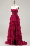Fuchsia Strapless A Line Appliqued Corset Tiered Ruffle Long Prom Dress with Slit