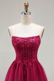 Fuchsia Strapless A Line Appliqued Corset Tiered Ruffle Long Prom Dress with Slit