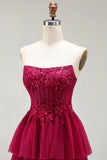 Fuchsia Strapless A Line Appliqued Corset Tiered Ruffle Long Prom Dress with Slit