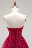 Fuchsia Strapless A Line Appliqued Corset Tiered Ruffle Long Prom Dress with Slit
