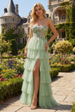 Strapless Green A Line Corset Tiered Tulle Long Prom Dress with Ruffle Slit