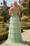 Strapless Green A Line Corset Tiered Tulle Long Prom Dress with Ruffle Slit