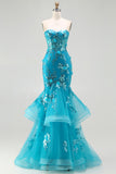 Blue Mermaid Strapless Sequins Corset Ruffled Long Prom Dress with Lace Up Back