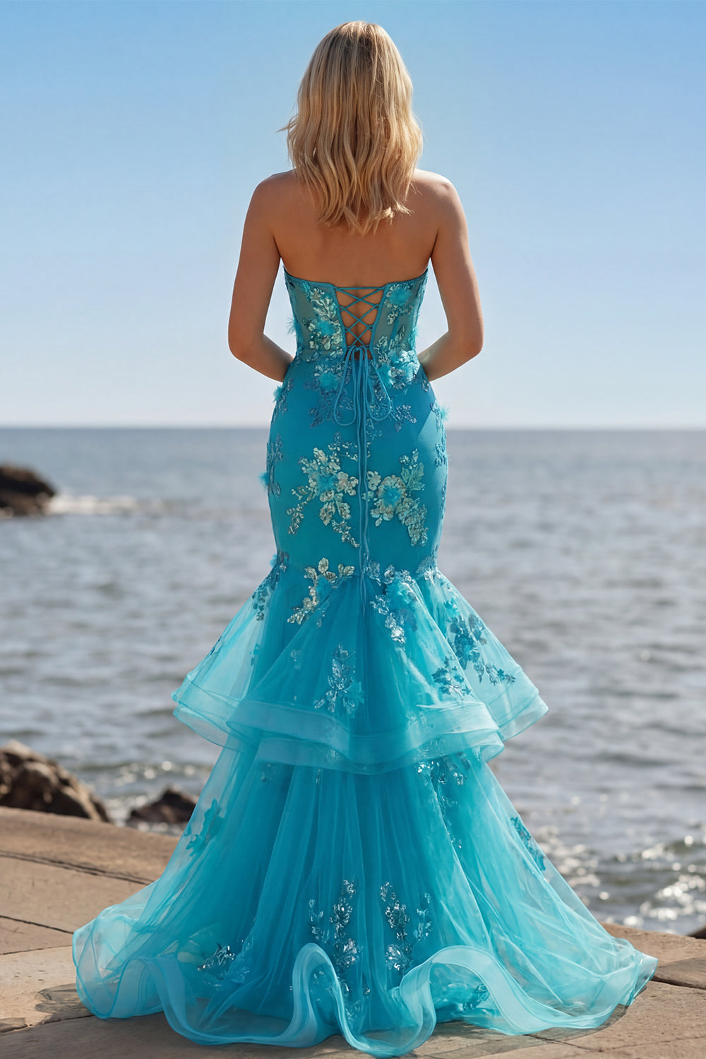 teal lace strapless dress Exquisite Sensation Teal Floral Embroidered Strapless Mini Dress