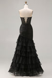 Black Sweetheart Mermaid Beaded Long Prom Dress with Ruffles