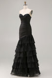 Black Sweetheart Mermaid Beaded Long Prom Dress with Ruffles