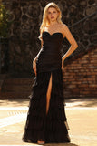 Black Mermaid Tiered Ruffle Sweetheart Ruched Long Prom Dress with Slit
