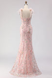 Blush Sequins Mermaid Embroidered Long Prom Dress with Slit