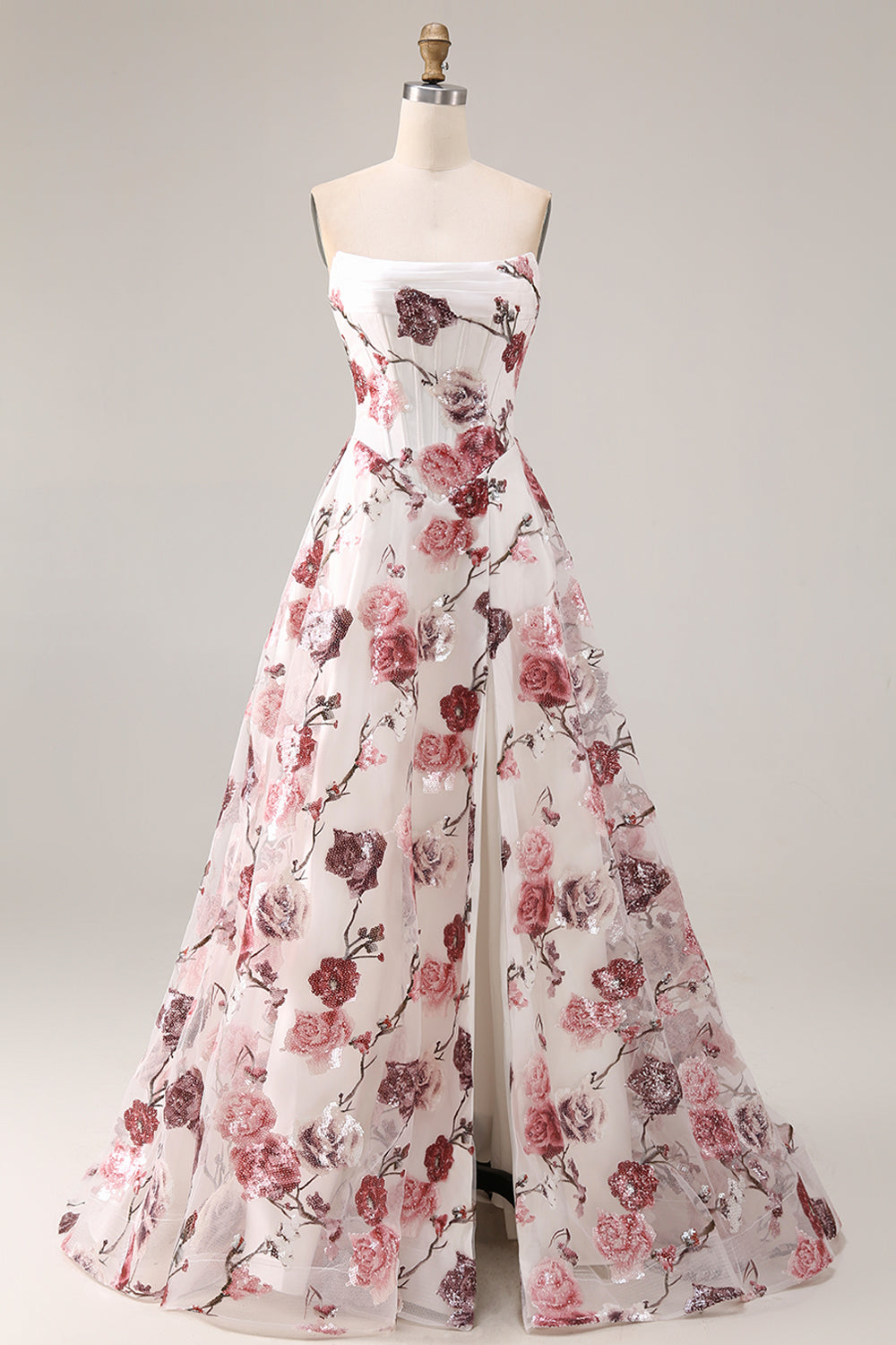 red and white flower prom dress White Strapless Ball Gown Red Floral Quinceanera Dresses FD3533 Viniodress