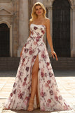 White Red Flower Strapless A-Line Basque Waist Long Prom Dress with Slit