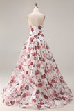 White Red Flower Strapless A-Line Basque Waist Long Prom Dress with Slit