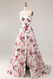 White Red Flower Strapless A-Line Basque Waist Long Prom Dress with Slit