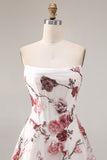 White Red Flower Strapless A-Line Basque Waist Long Prom Dress with Slit