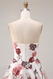White Red Flower Strapless A-Line Basque Waist Long Prom Dress with Slit