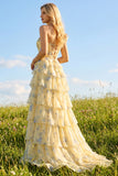 Strapless Yellow Blue Flower A Line Tiered Ruffle Corset Long Prom Dress with Slit