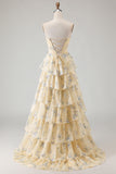Strapless Yellow Blue Flower A Line Tiered Ruffle Corset Long Prom Dress with Slit