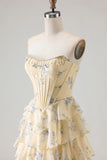 Strapless Yellow Blue Flower A Line Tiered Ruffle Corset Long Prom Dress with Slit