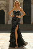 Strapless Mermaid Corset Tiered Ruffle Long Black White Dot Dress with Sequins