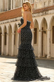 Strapless Mermaid Corset Tiered Ruffle Long Black White Dot Dress with Sequins