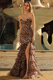Coffee Leopard Strapless Beaded Printed Tiered Ruffle Long Prom Dress with Slit