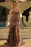 Coffee Leopard Strapless Beaded Printed Tiered Ruffle Long Prom Dress with Slit