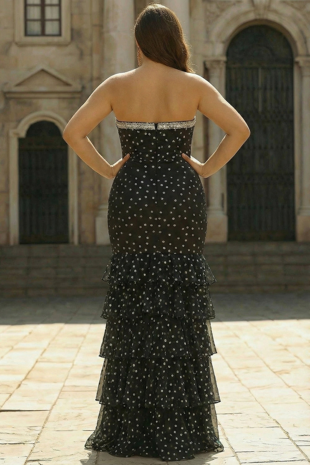 Zapaka Women Black White Dot Long Plus Size Prom Dress with Slit Mermaid Corset Strapless Tiered Ruffle Formal Dress with Sequins, Black White Dot / Zapaka Women Black White Dot Long Plus Size Prom Dress with Slit Mermaid Corset Strapless Tiered Ruffle Formal Dress with Sequins, Black White Dot /
