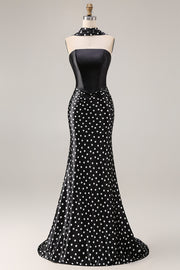 Black White Dots Mermaid Satin Prom Dress with a Neck Scarf