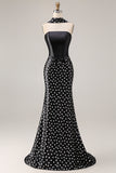 Black White Dots Mermaid Satin Prom Dress with a Neck Scarf
