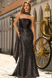 White Black Dots Two-Piece Mermaid Satin Long Prom Dress with a Neck Scarf