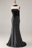 Black White Dots Mermaid Satin Prom Dress with a Neck Scarf
