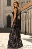 Black White Dots Mermaid Satin Long Prom Dress with a Neck Scarf