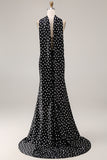 Black White Dots Mermaid Satin Prom Dress with a Neck Scarf